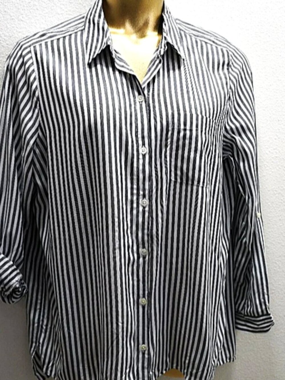 J. Jill Dark Gray White Stripe Tab Sleeve Blouse size L